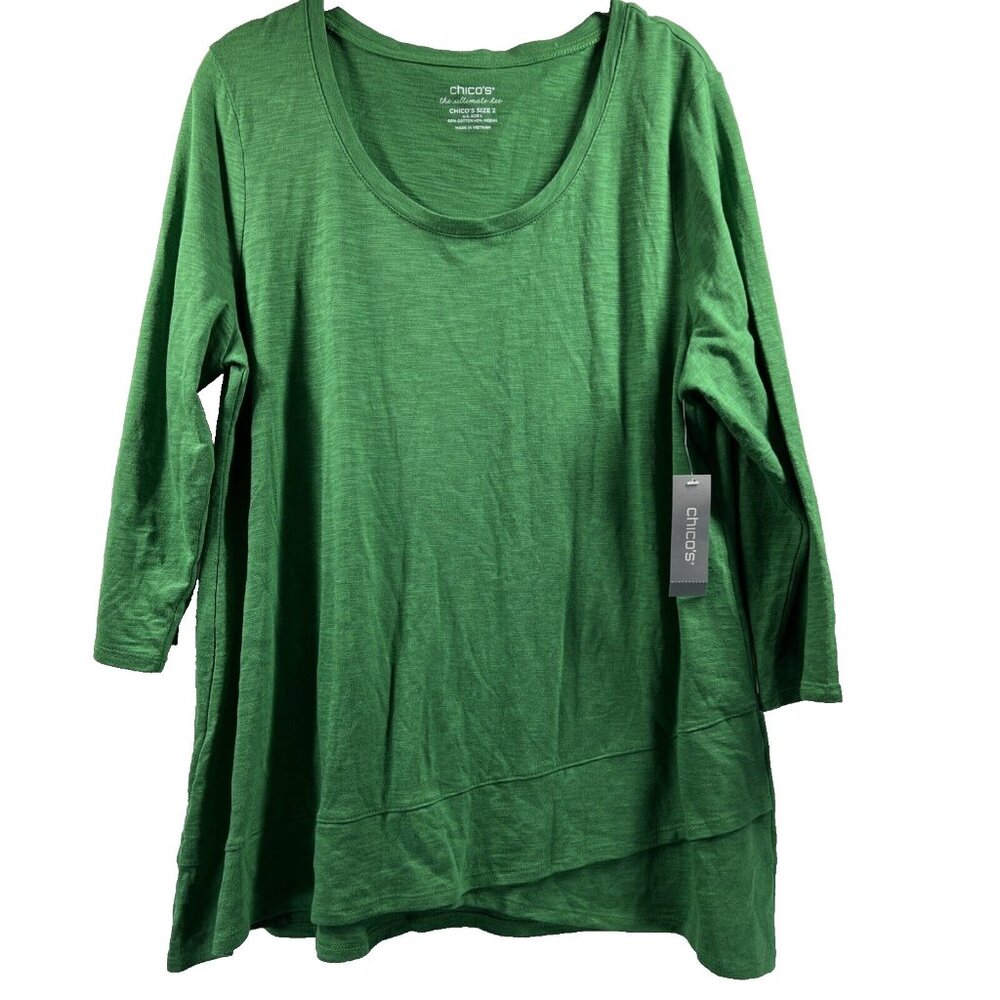 Chicos Ultimate Tee Women's Top L‎ Solid Green 3/4 Sleeve Pullover Cotton Modal